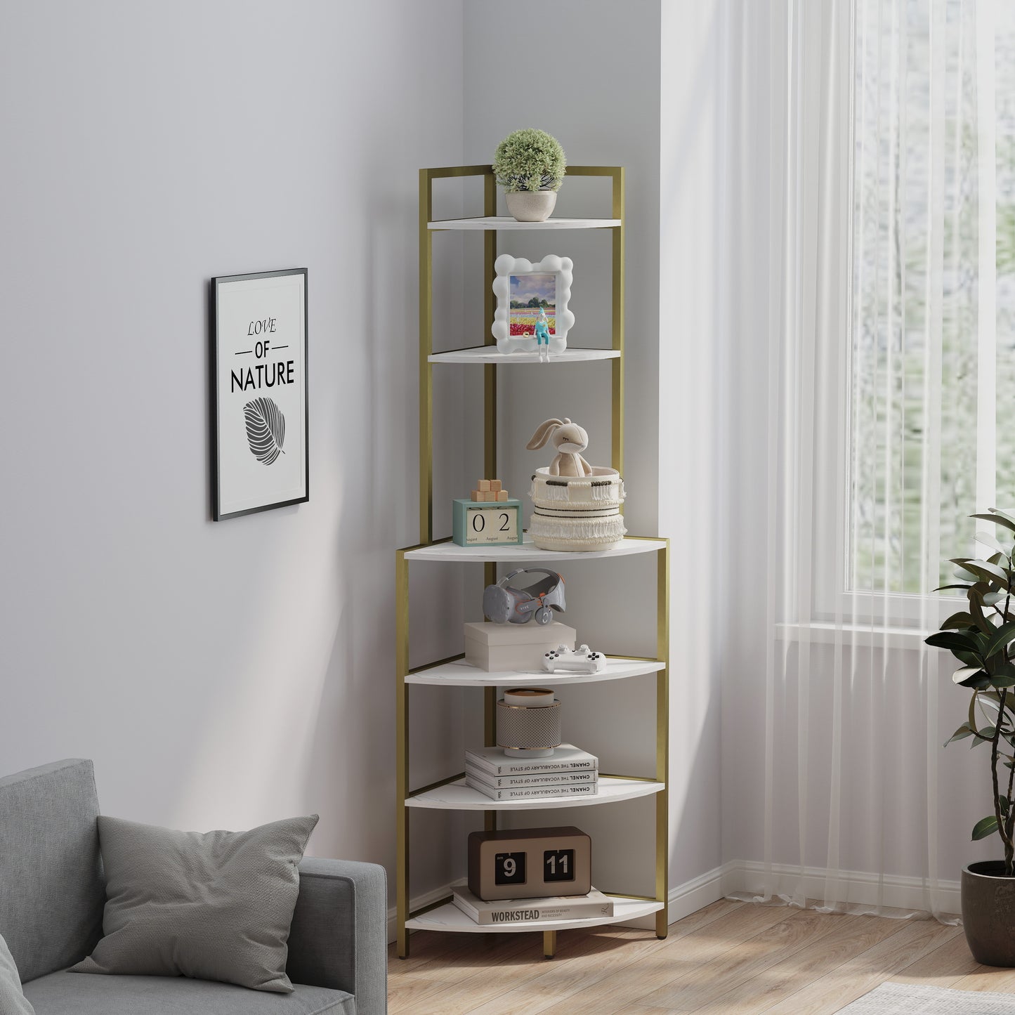 6-Tier Corner Open Shelf Modern Bookcase Wood Rack Freestanding Shelving Unit,Plant Album Trinket Sturdy Stand Small Bookshelf Space-Saving for Living Room Home Office Kitchen Small Space