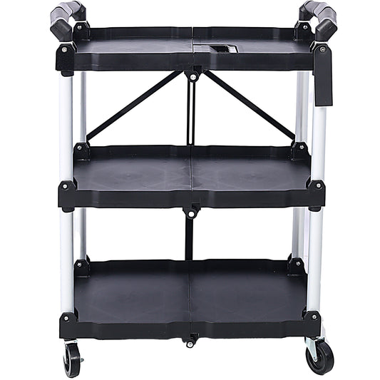 3 Layers Folding Collapsible Service Cart Pack-N-Roll Folding Collapsible Service Cart, Black, 50 Lb. Load Capacity per Shelf