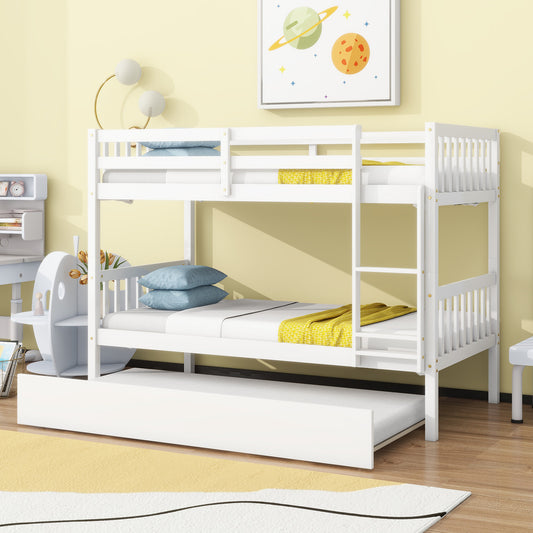 Twin Over Twin Rubber Wood Bunk Bed with Trundle, Convertible into Twin Size Beds, Twin Size Bunk Bed with Ladder and Safety Guardrails, White SolidRoot Buy Furniture USA
