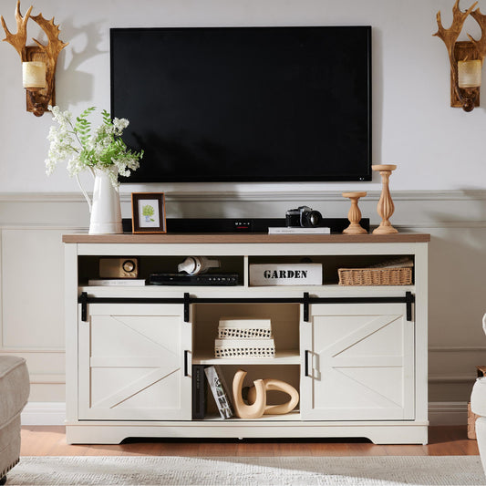 Farmhouse TV Stand for 65+ Inch TV, 33' Tall Highboy Entertainment Center w/Sliding Barn Door, Rustic Media Console w/Storage Shelves, Wood Television Stand for Living Room, Antique White SolidRoot Buy Furniture USA