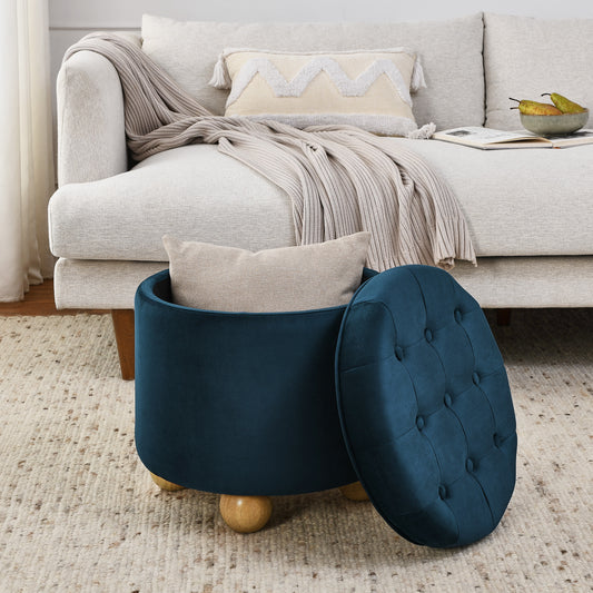 Round Storage Ottoman, multi-functional round flannel button Ottoman, lid can be turned over as a table top, with storage space-Dark Blue