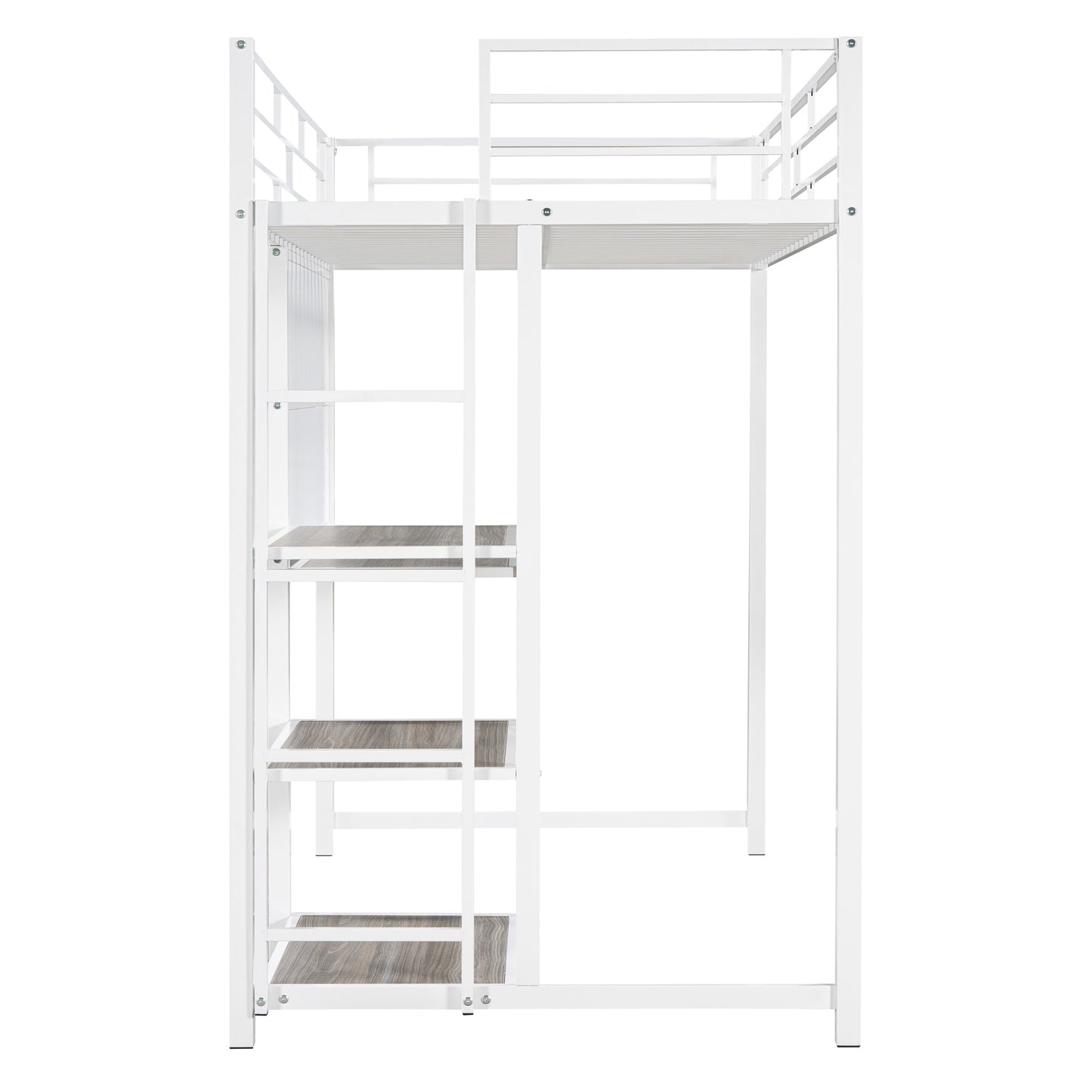 Twin Size Loft Bed with Desk and Whiteboard, Metal Loft Bed with 3 Shelves and Ladder, White