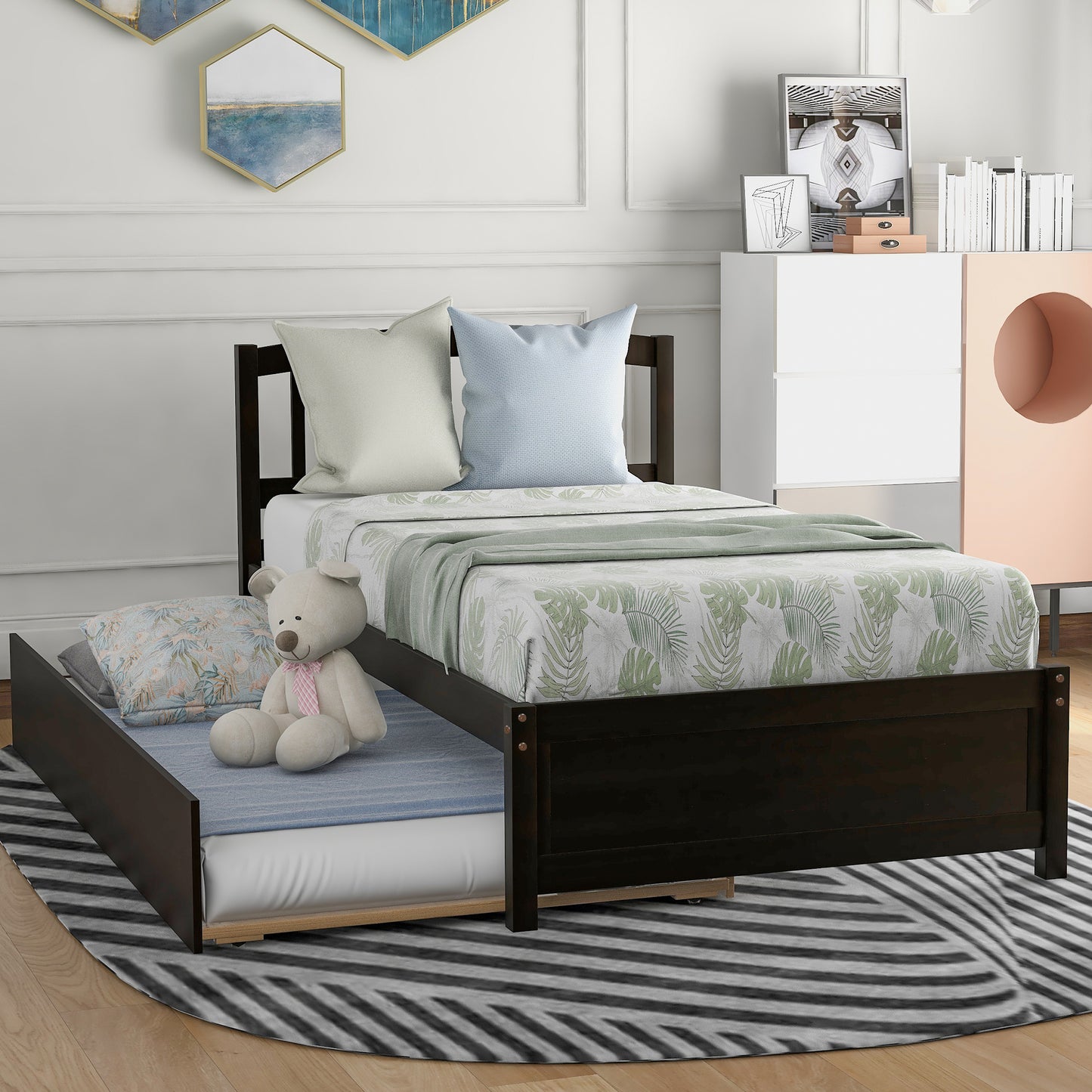 Twin size Platform Bed Wood Bed Frame with Trundle, Espresso