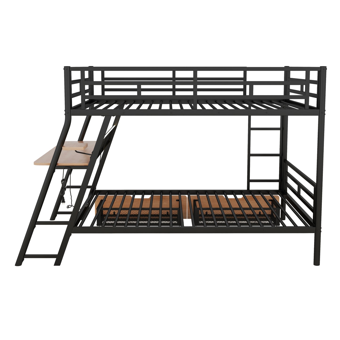 Full Size Metal Bunk Bed with Built-in Desk, Light and 2 Drawers, Black