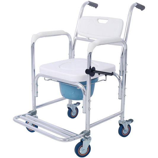 4 in 1 Bedside Commode Chair, Transport Shower Wheelchair Toilet Rolling Transport Chair with 4 Brakes Casters,Tissue Holder,Crutch Holder for Elderly Injured and Disabled