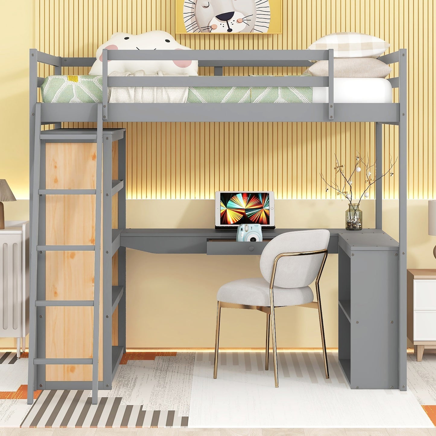 Full Size Loft Bed with Ladder, Shelves, and Desk, Gray(OLD SKU:LT100226AAE)