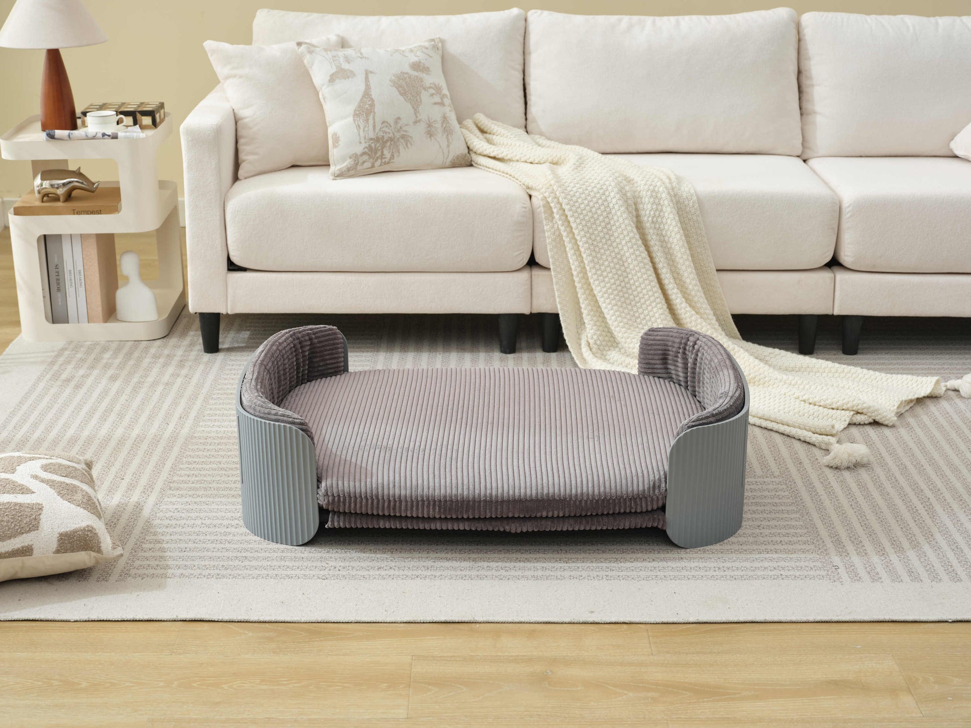 Scandinavian style Cat Couch Bed, Pet Sofa for Indoor Cats PP Indoor Pet Furniture Elevated Cat Beds with Removable Mattress Cover Suitable for Mid or Large  Animal Brand Design Grey+Grey SolidRoot Buy Furniture USA