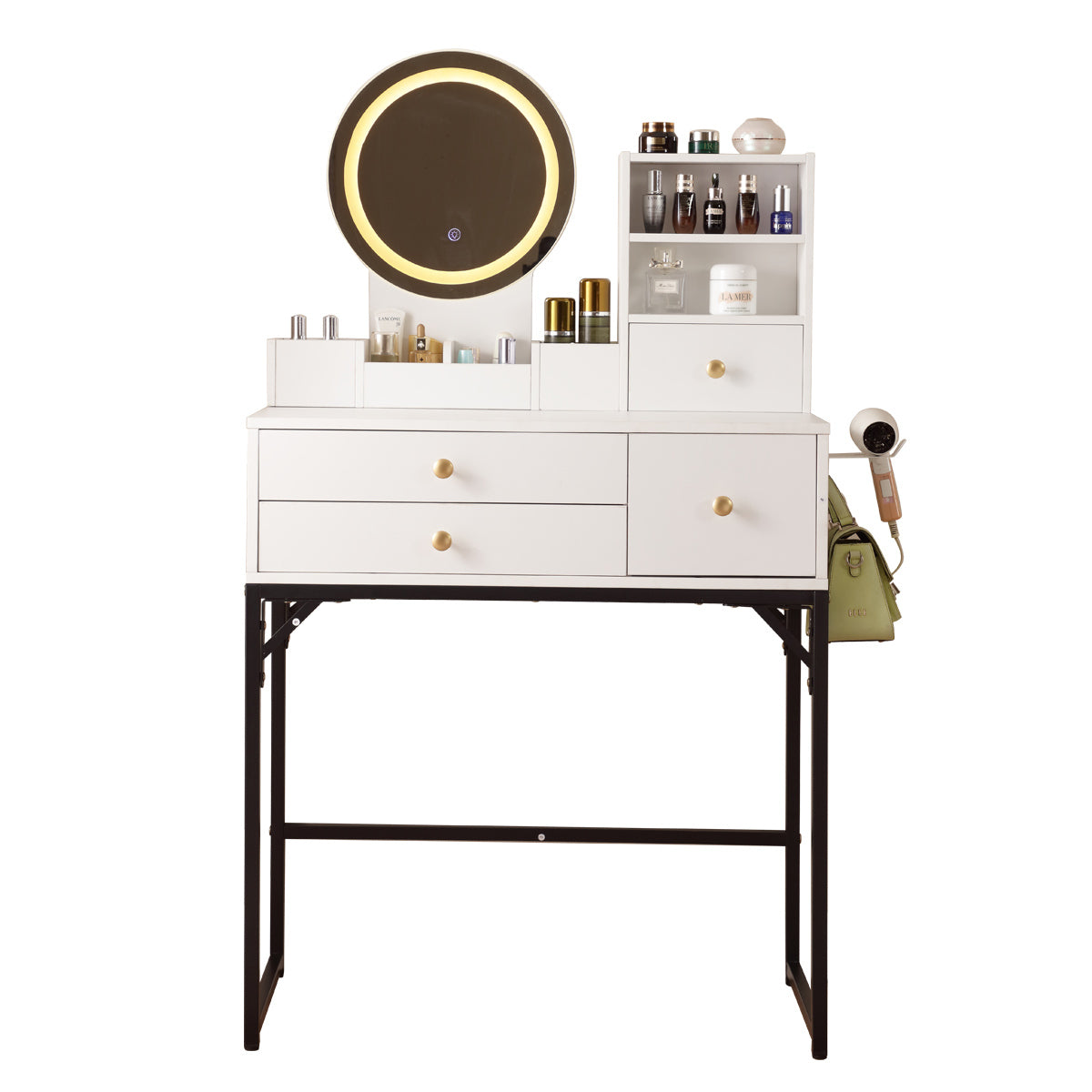 Vanity Desk with Lighted Mirror & Power Outlet, Makeup Vanity Desk with Drawers and Cabinet, Sturdy Iron Bracket, Make up Vanity Table for Bedroom, White