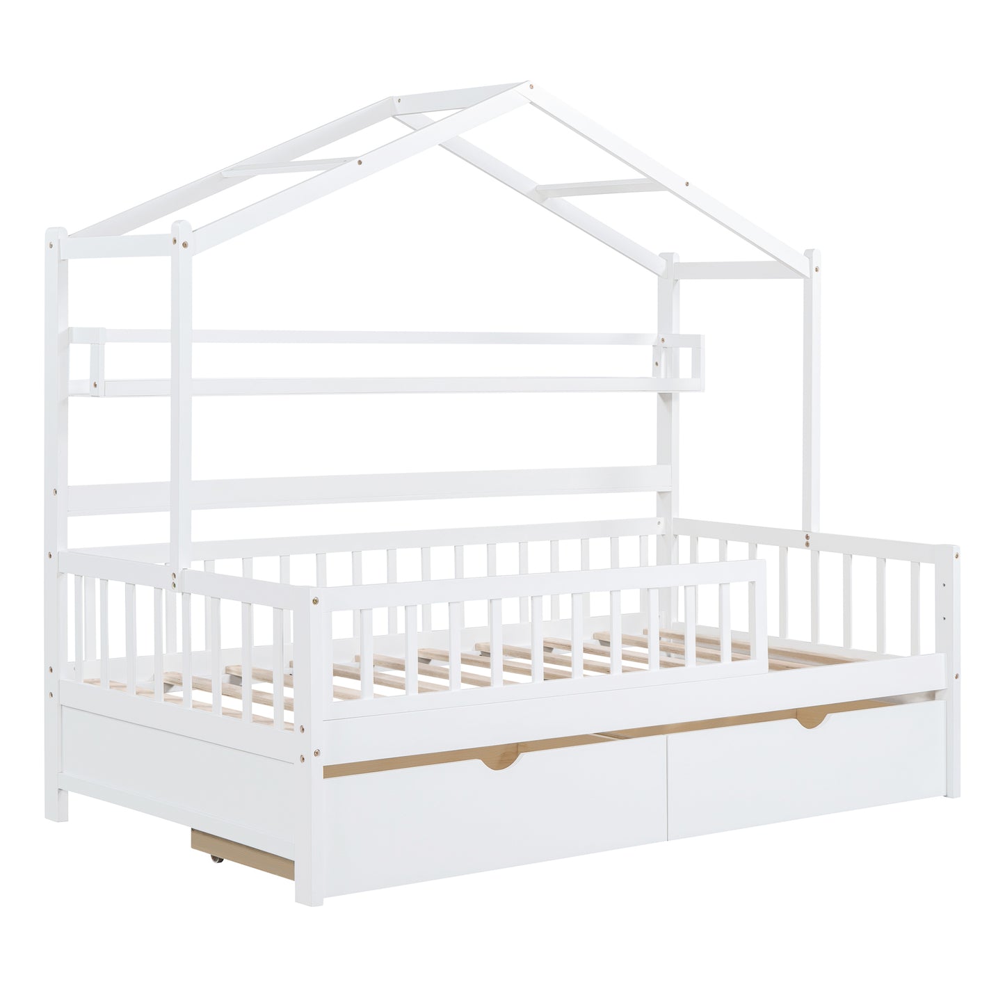 Wooden Full Size House Bed with 2 Drawers,Kids Bed with Storage Shelf, White