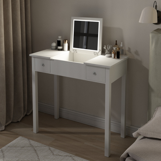 Chic White Vanity Table with LED Lights, Flip-Top Mirror and 2 Drawers, Jewelry Storage for Women Dressing Livingsource