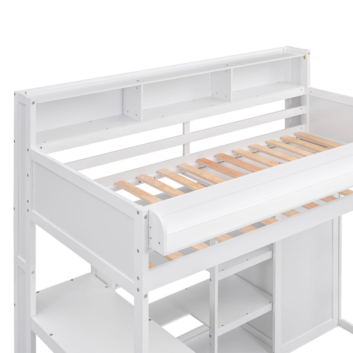 Wood Twin Size Loft bed with Multiple Storage Shelves and Wardrobe, White