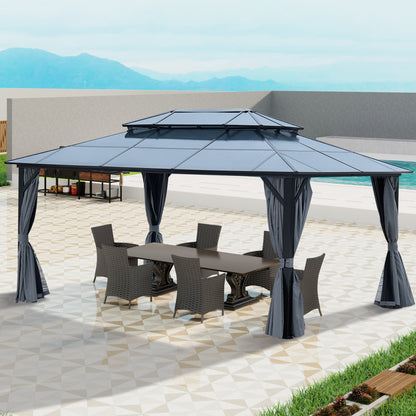 12' x 16' Gazebo Polycarbonate Double Roof Canopy Outdoor Aluminum Frame Pergola, Permanent Pavilion with Netting and Curtains for Garden Patio Lawns Parties SolidRoot Buy Furniture USA
