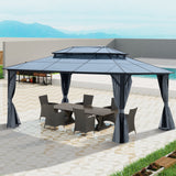 12' x 16' Gazebo Polycarbonate Double Roof Canopy Outdoor Aluminum Frame Pergola, Permanent Pavilion with Netting and Curtains for Garden Patio Lawns Parties SolidRoot Buy Furniture USA