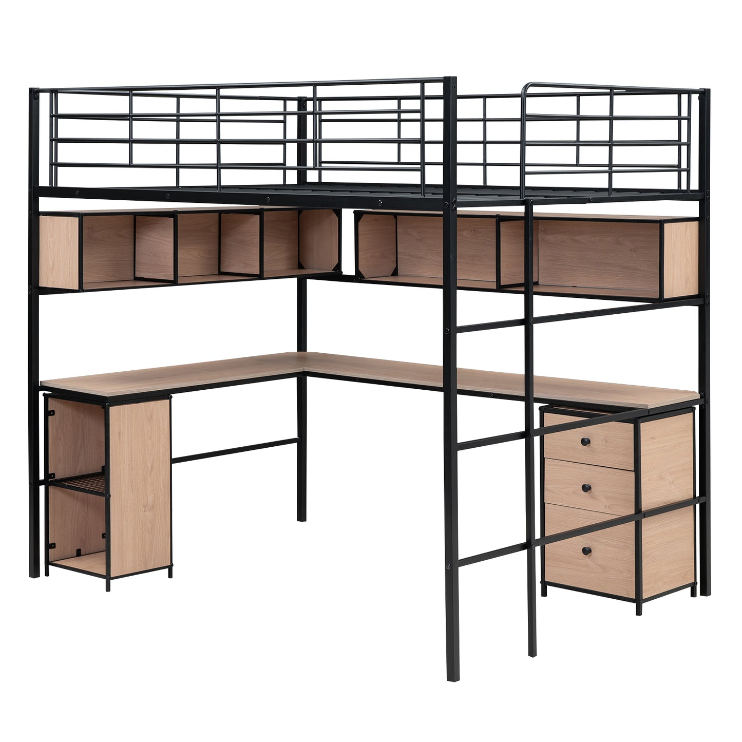 Metal Loft Bed with bookcase, desk and cabinet, Full, Black