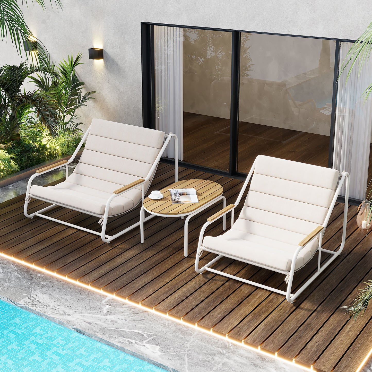 TREXM Outdoor Chaise Lounge Chairs Set of 3, Patio Chaise Lounge Chair with Acacia Side Table, Pool Lounge Chairs for Lawn, Deck, Beach, Beige+White