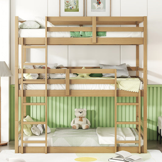 Triple Rubber Wood Bunk Bed with Two Built-in Ladders, Guardrails, Twin over Twin over Twin, Detachable Triple Twin Bunk Bed,White Oak SolidRoot Buy Furniture USA