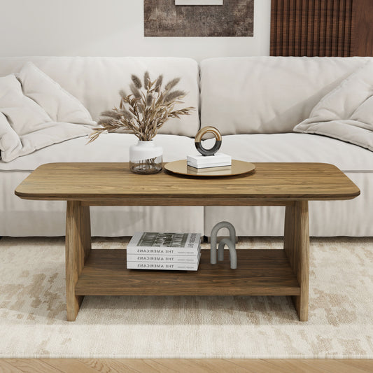 47 inch modern living room coffee table, double-layer rectangular coffee table with storage function, rounded corner design, MDF material, suitable for living room SolidRoot Buy Furniture USA