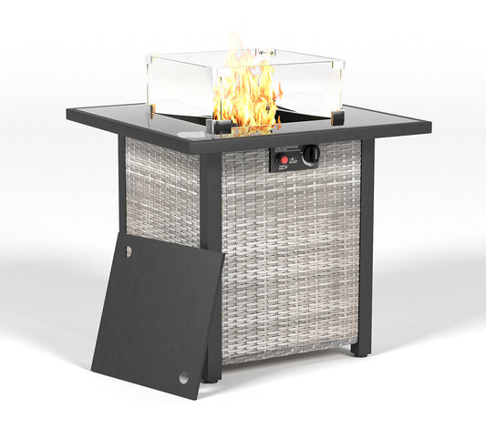 28 Inch Propane Fire Pit Table, Rattan & Wicker-Look, 50000 BTU Gas Firepits Tempered Glass Tabletop with Glass Windscreen Protector for Outside Patio and Garden(Grey+White) Livingsource