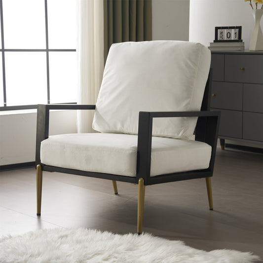 Modern Low Back White Upholstered Accent Armchair with Gold Metal Legs & Rubberwood Frame, Chic Wide Armrest Minimalist Lounge Chair with Pillow Back, Single Sofa Chair for Living Room&Balcony, White SolidRoot Buy Furniture USA