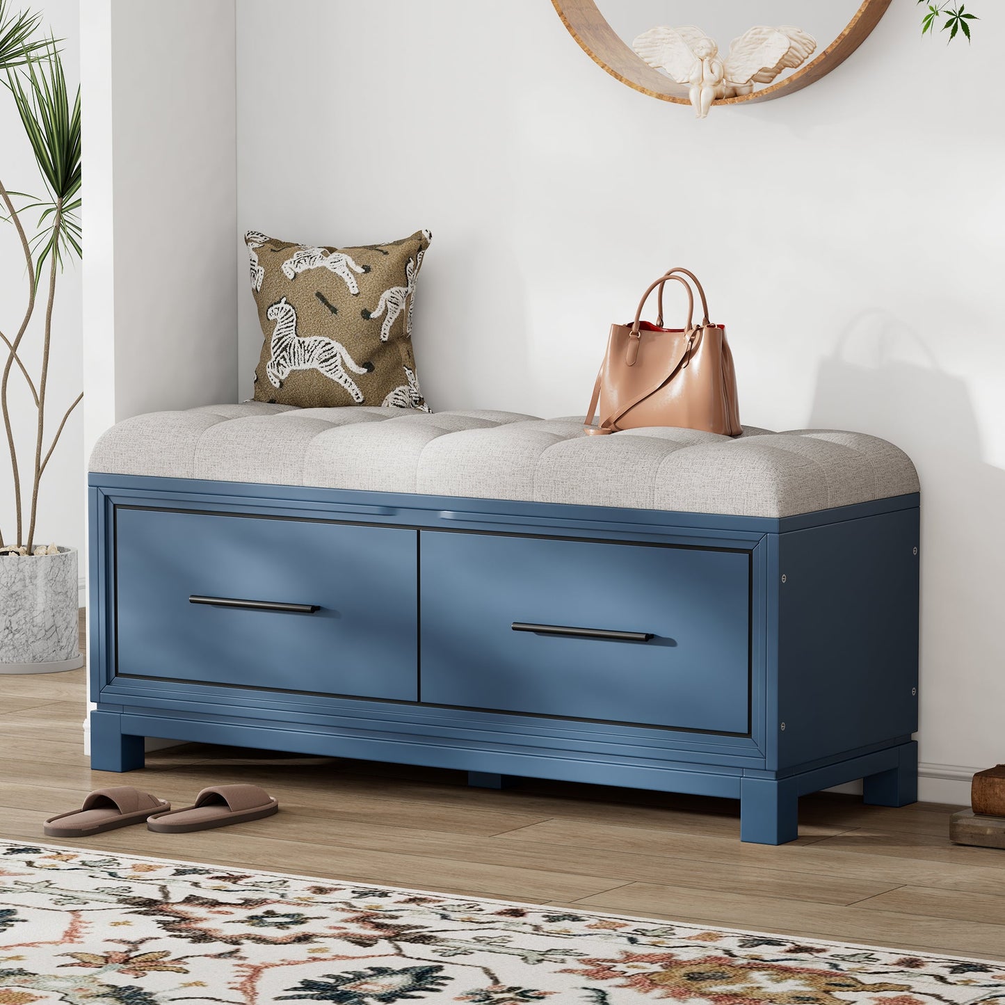 TREXM Shoe Bench with Removable Cushion, Entryway Bench with Hidden Storage for Living Room, Entryway, and Hallways (Navy) SolidRoot Buy Furniture USA