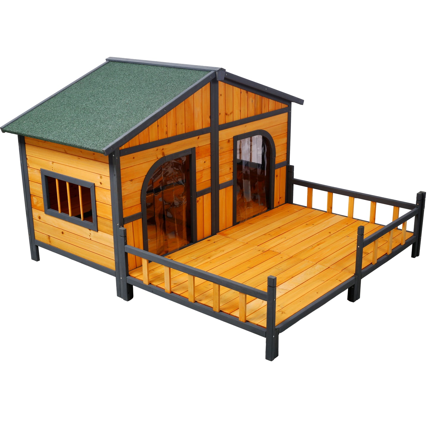 Wooden Large Dog House Outdoor Double XL Dog Kennel with Elevated Floor and Porch, Weatherproof Puppy Shelter for Small and Medium Breed Dogs, Natural