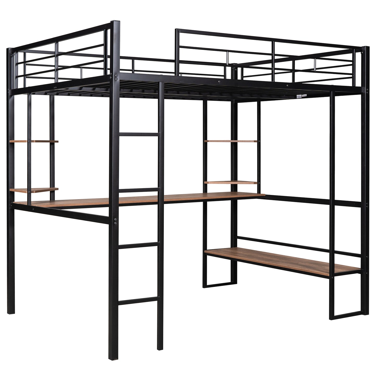 Full Size Loft Metal&MDF Bed with Long Desk and Shelves,Black