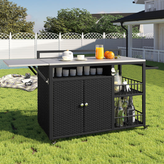 63.5' Outdoor Kitchen Island, Kitchen Storage Island, Cooking Station, Outdoor Grill Cart with Foldable Side Tabletop, Ample Storage Space, Bottle Opener for Outside BBQ, Patio, Backyard, Dark Brown SolidRoot Buy Furniture USA