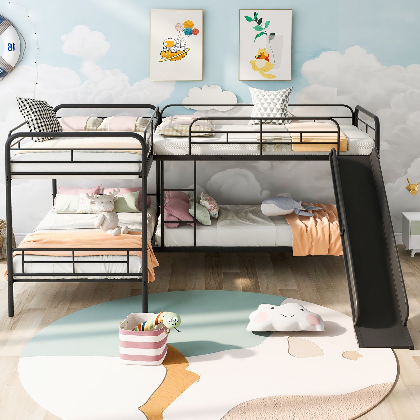 Twin Size L-Shaped Bunk Bed with Slide and Ladder, Black(OLD SKU:GX000615AAB)