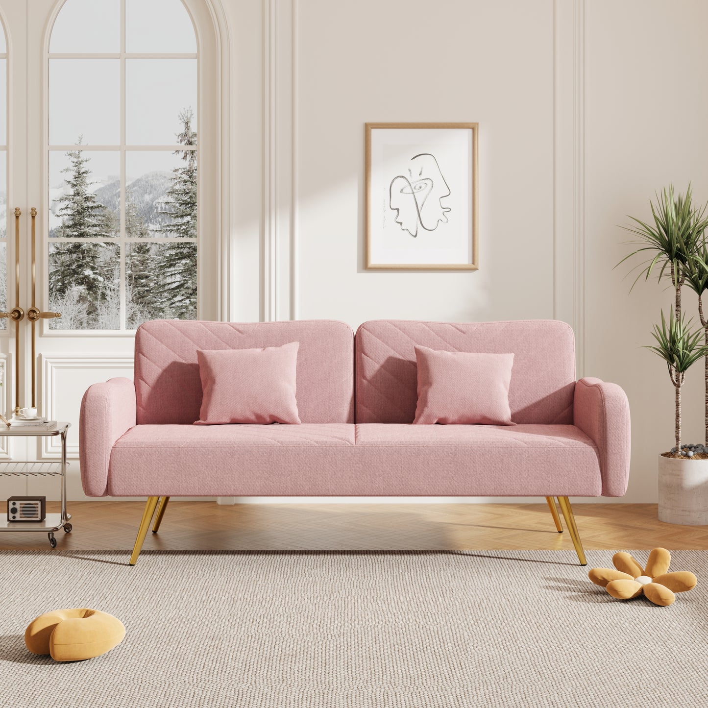 70.47' Pink Fabric Double Sofa with Split Backrest and Two Throw Pillows,Suitable for living room, apartment, home office