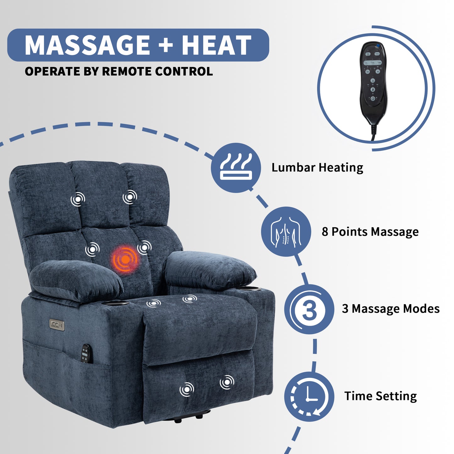 [Video provided] Large Power Lift Recliner Chair Sofa with Massage and Heat for Big and Tall Elderly People,  8-Point Vibration Massage and Lumbar Heating, Two Cup Holders and USB Charge Port, Blue