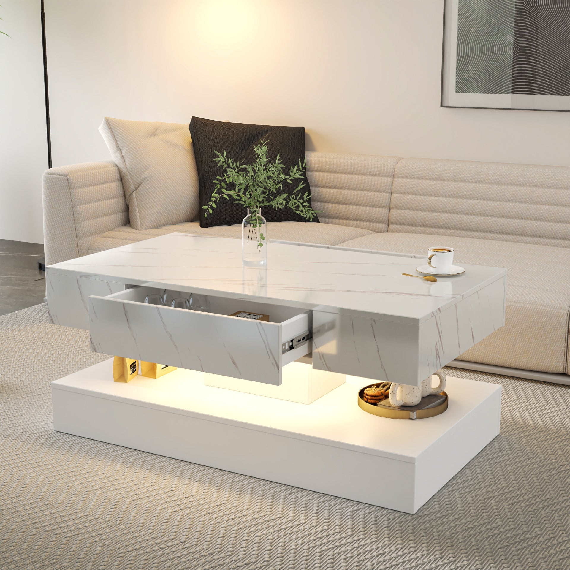 16.93IN High LED Coffee Table,Modern Coffee Table for Living Room,Living Room Tables,Large Living Room Furniture,LED Lights SolidRoot Buy Furniture USA