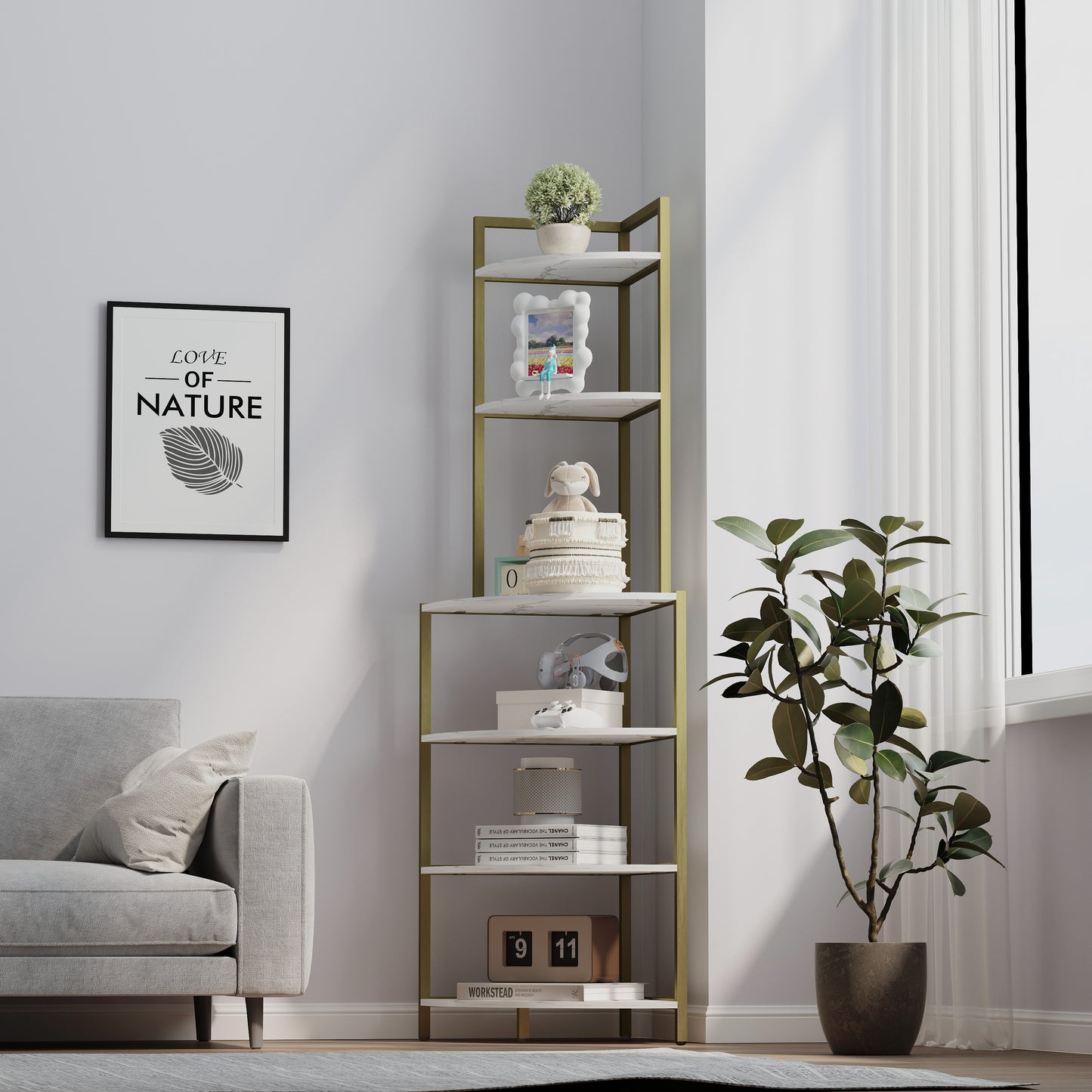 6-Tier Corner Open Shelf Modern Bookcase Wood Rack Freestanding Shelving Unit,Plant Album Trinket Sturdy Stand Small Bookshelf Space-Saving for Living Room Home Office Kitchen Small Space