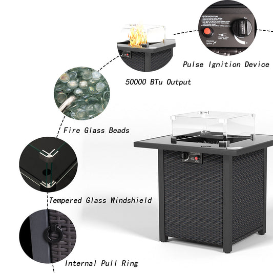 28 Inch Propane Fire Pit Table, Rattan & Wicker-Look, 50000 BTU Gas Firepits Tempered Glass Tabletop with Glass Windscreen Protector for Outside Patio and Garden(Coffee) Livingsource
