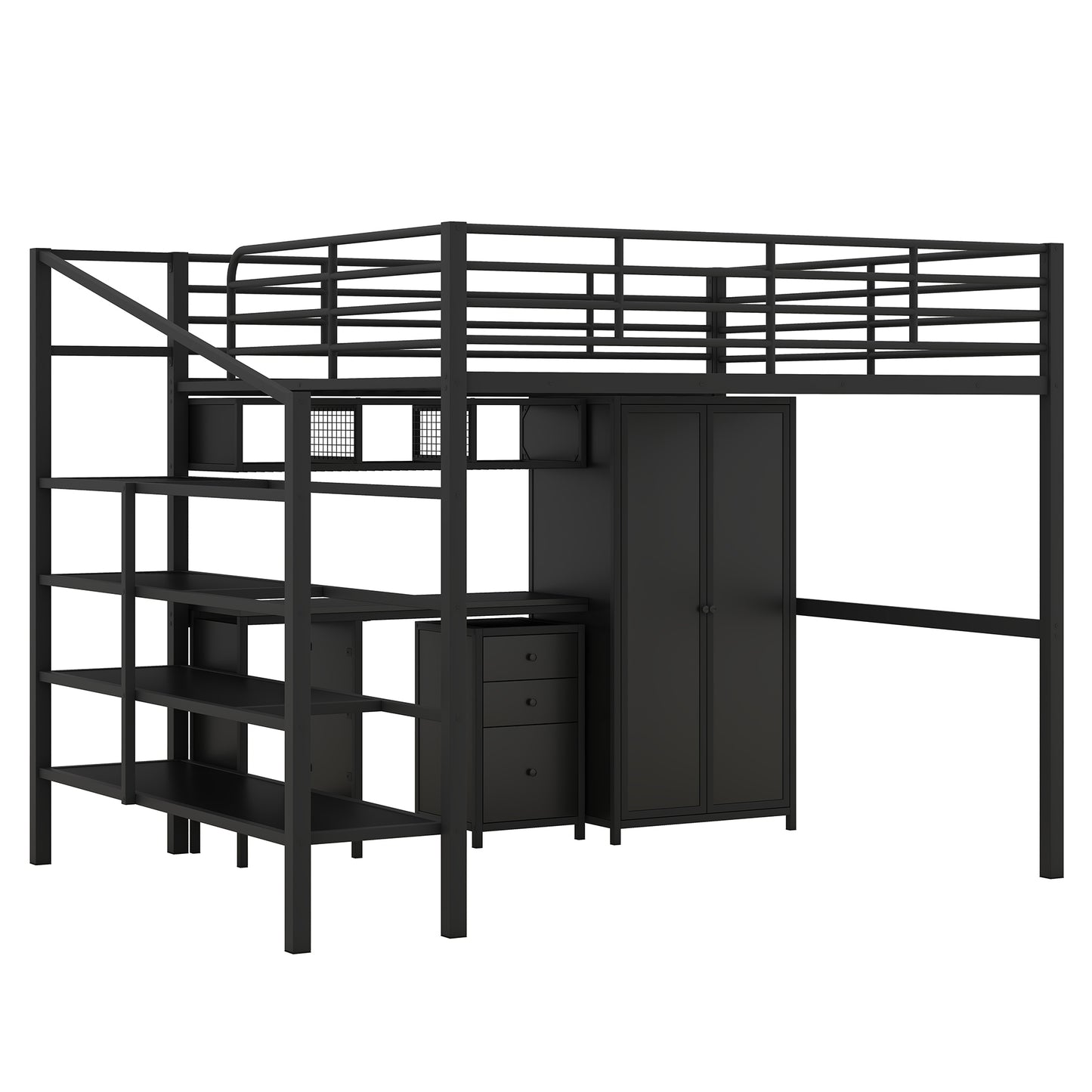 Metal Loft Bed With table set and wardrobe, Full, Black