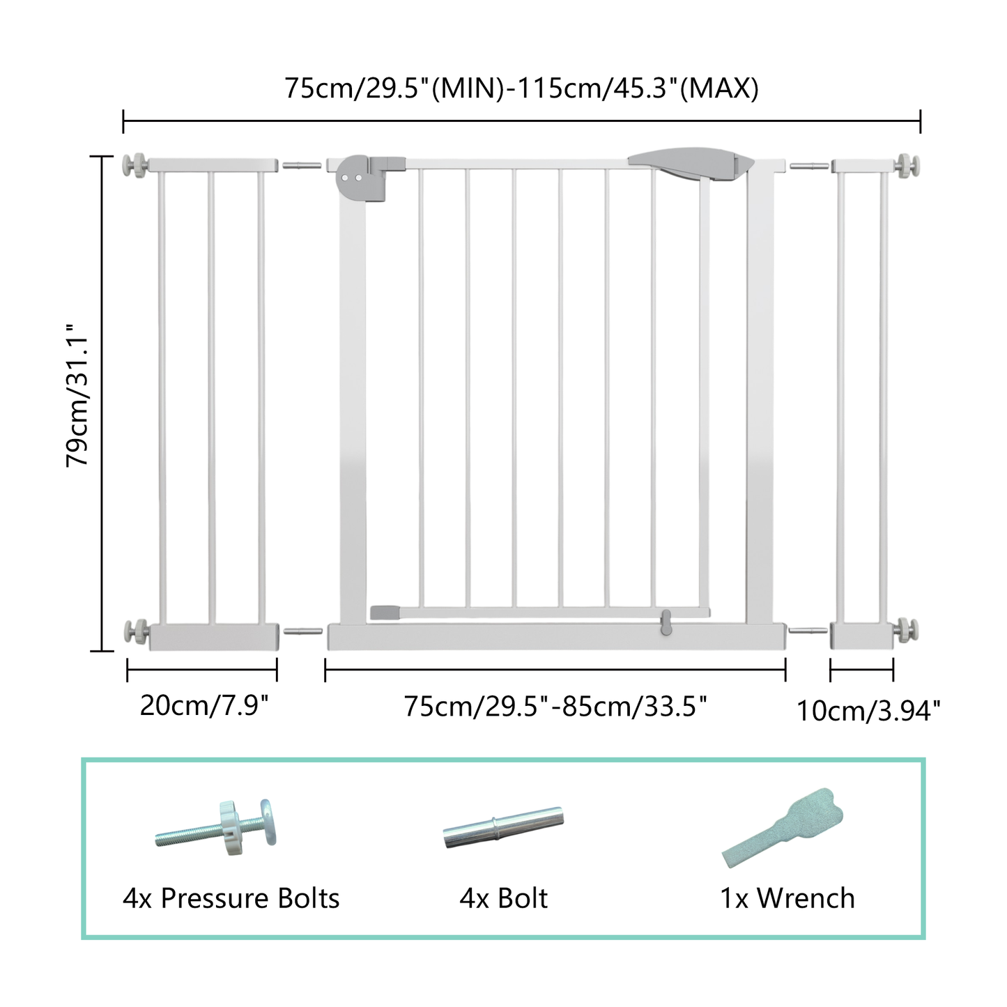 29.5-45.3" Wide Baby Gate for Stairs, Dog Gate Indoor for Doorways, No Drilling Pressure Mounted Pet Gates for Kids, Easy Walk Through Safety Gate, White