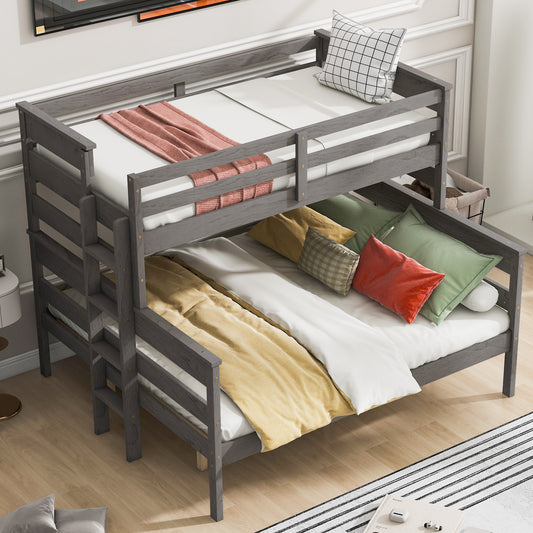 Wood Twin XL over Queen Bunk Bed with Ladder, Gray - SolidRoot Buy Furniture USA