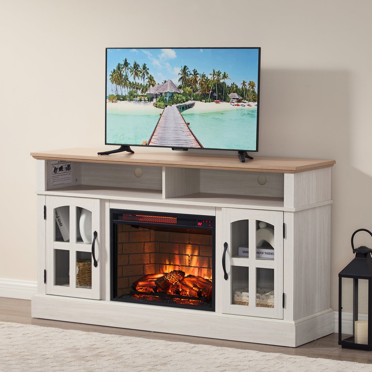 58" Fireplace TV Stand, Entertainment Center with 23" Electric Fireplace, TV Table for TVs up to 70 Inch, Media Console Cabinet with Storage and Glass Doors for Living Room