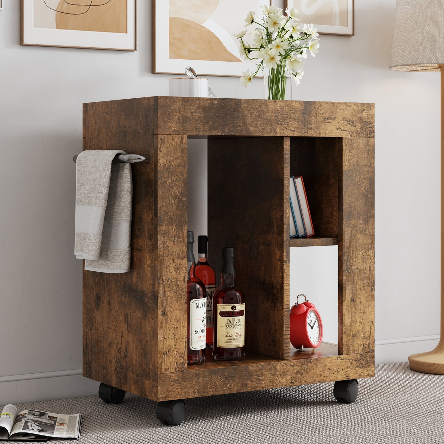 Mid-century modern style movable side cabinet for sofa, household brown trolley storage locker and shelf for living room.