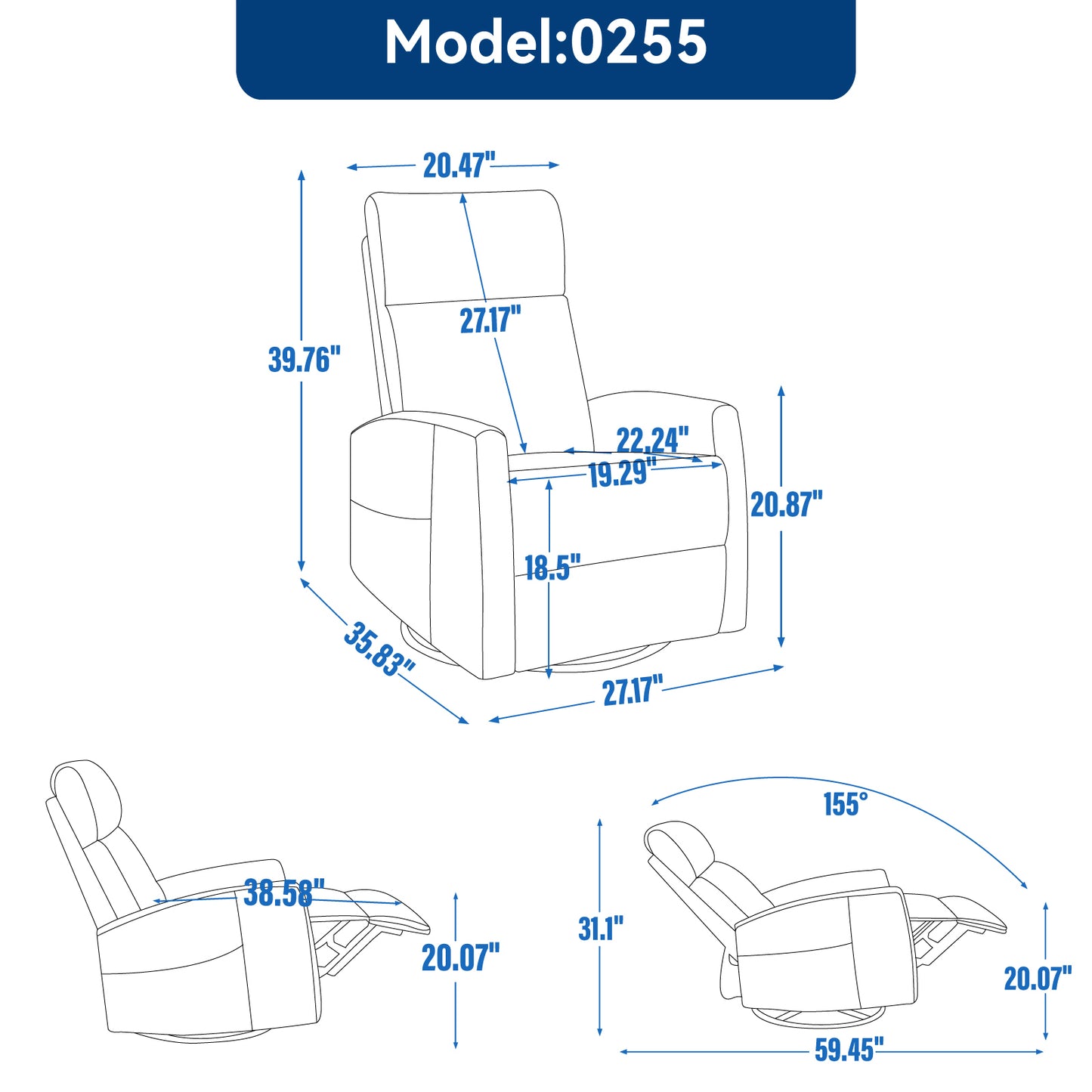 Heat Massage Manual Recliner Chair with Rocker and Swivel in Fabric for Living Room, Blue