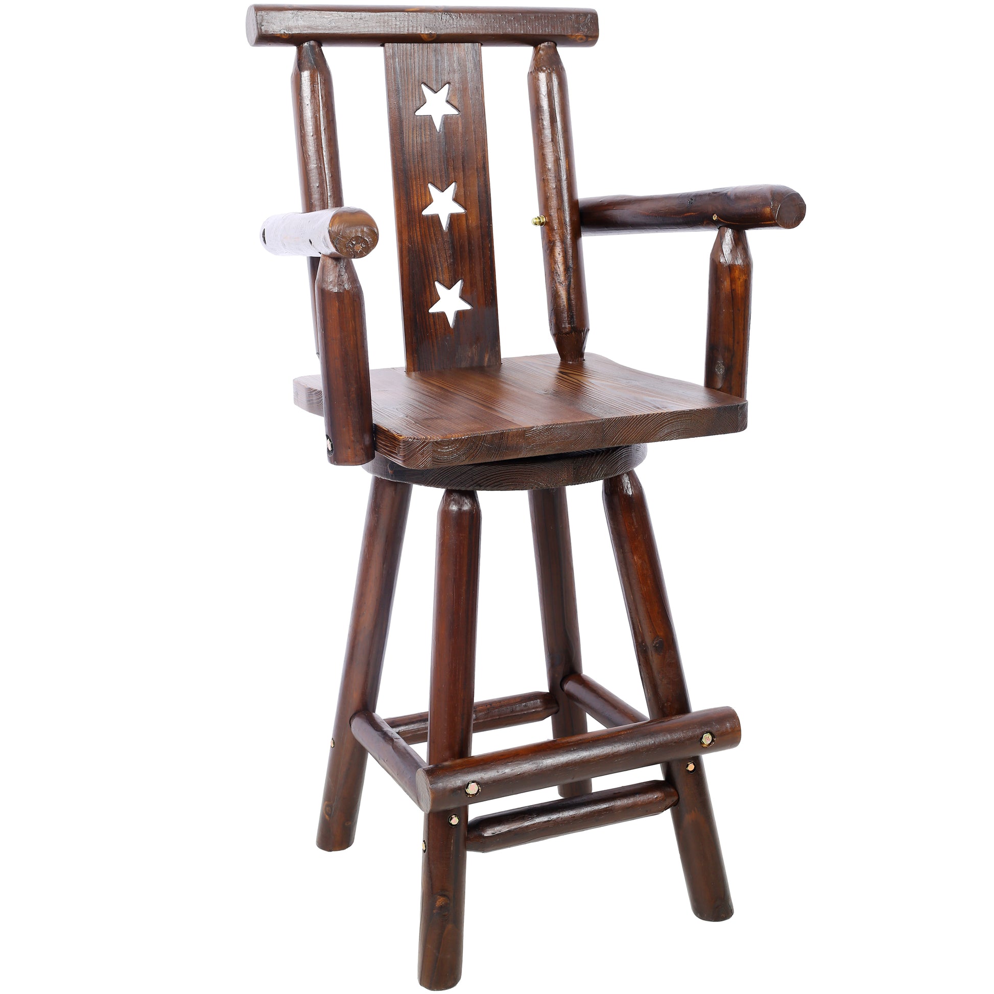 Rustic Brown Bar Stool with Western Star Backrest - Solid Fir Wood High Back Chair with Wide Armrests & Footrest, Farmhouse Pub Furniture SolidRoot Buy Furniture USA