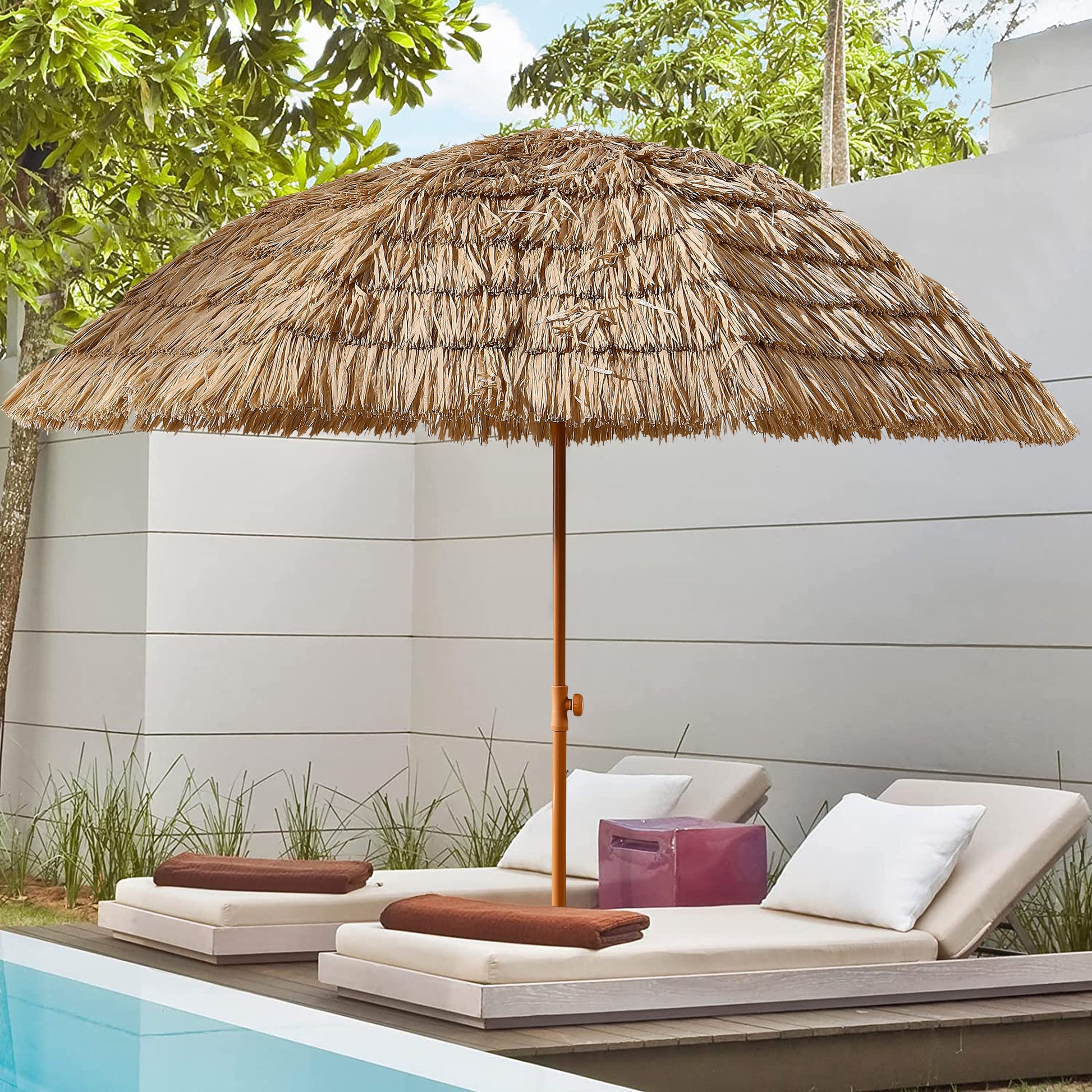 8'Thatch Patio Tiki Umbrella Tropical Palapa Raffia Tiki Hut Hawaiian Hula Beach Umbrella,Straw umbrella SolidRoot Buy Furniture USA