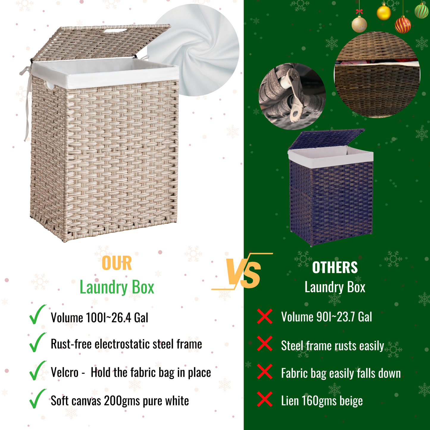 EVG Laundry Hamper With Lid PE Rattan Powder Coating Frame Clothes Hampers with 01 Removable Bags, 100L, Gray Color