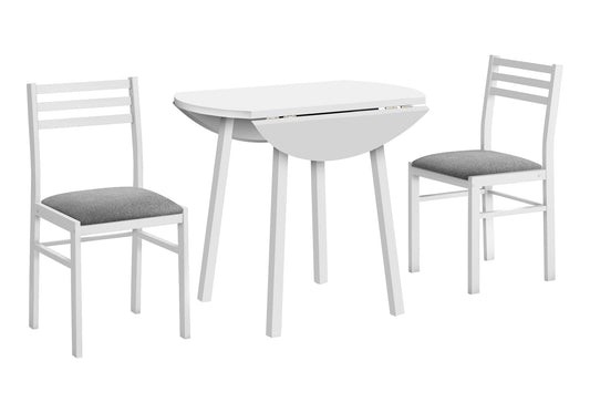 Dining Table Set, 3pcs Set, Small, 35" Drop Leaf, Kitchen, White Metal And Laminate, Grey Fabric, Contemporary, Modern