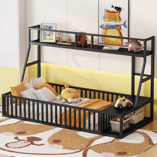 Twin Size Floor Bed Frame with Safety Fence, Metal Floor Bed with Desk and Storage Shelves, Playhouse for Kids, Black