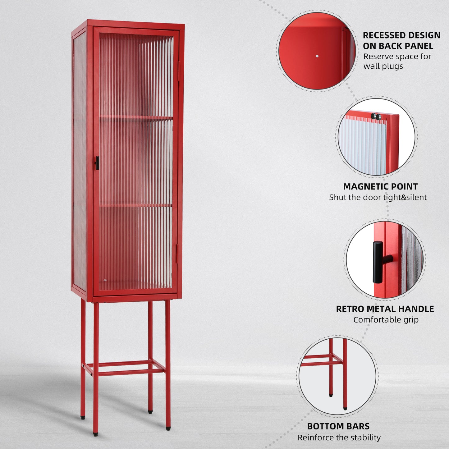 Retro Style Freestanding Metal Tall Display Cupboard with Glass Door and Three Detachable Shelves for Office, Living Room, Kitchen Console Sideboard,Bedside Entryway RED (OLD SKU:W68751719)