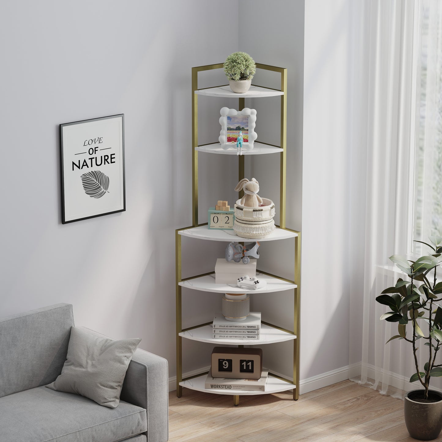 6-Tier Corner Open Shelf Modern Bookcase Wood Rack Freestanding Shelving Unit,Plant Album Trinket Sturdy Stand Small Bookshelf Space-Saving for Living Room Home Office Kitchen Small Space