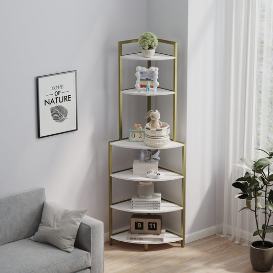 6-Tier Corner Open Shelf Modern Bookcase Wood Rack Freestanding Shelving Unit,Plant Album Trinket Sturdy Stand Small Bookshelf Space-Saving for Living Room Home Office Kitchen Small Space - SolidRoot Buy Furniture USA