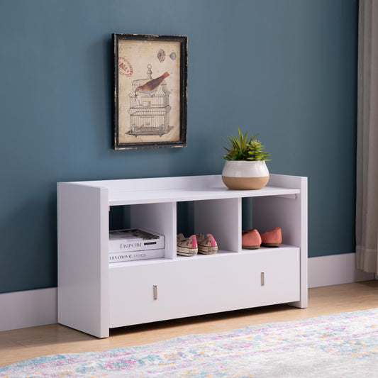 White Entryway Shoe Bench, Three Shelves Organizer with Storage Drawer Livingsource