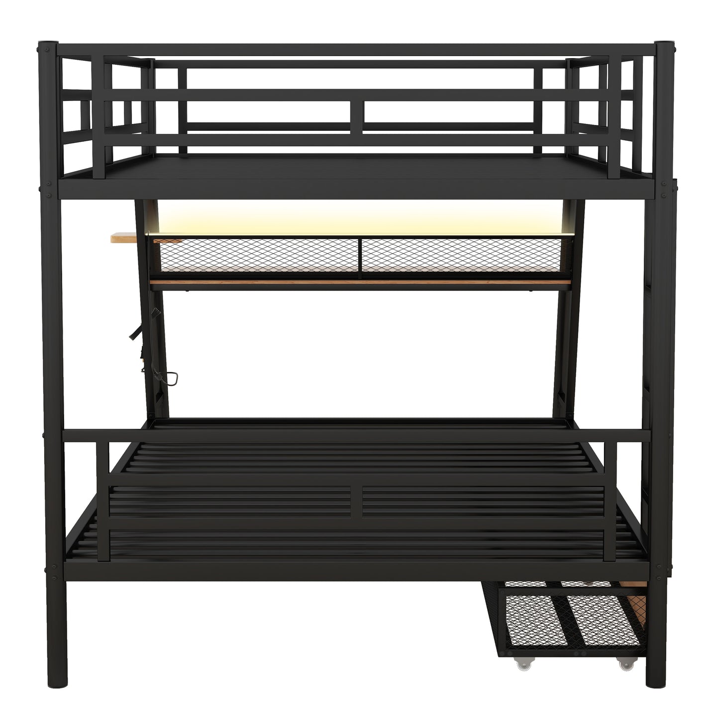 Full Size Metal Bunk Bed with Built-in Desk, Light and 2 Drawers, Black