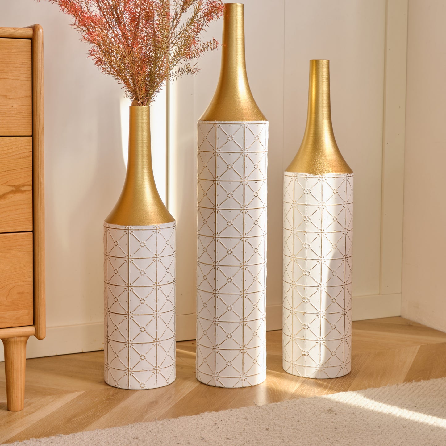 Floor Metal Vases Decorated White Metal vases Set of 3 gorgeous home decoration large glazed metal vases 24in/28.7in/33.5in height